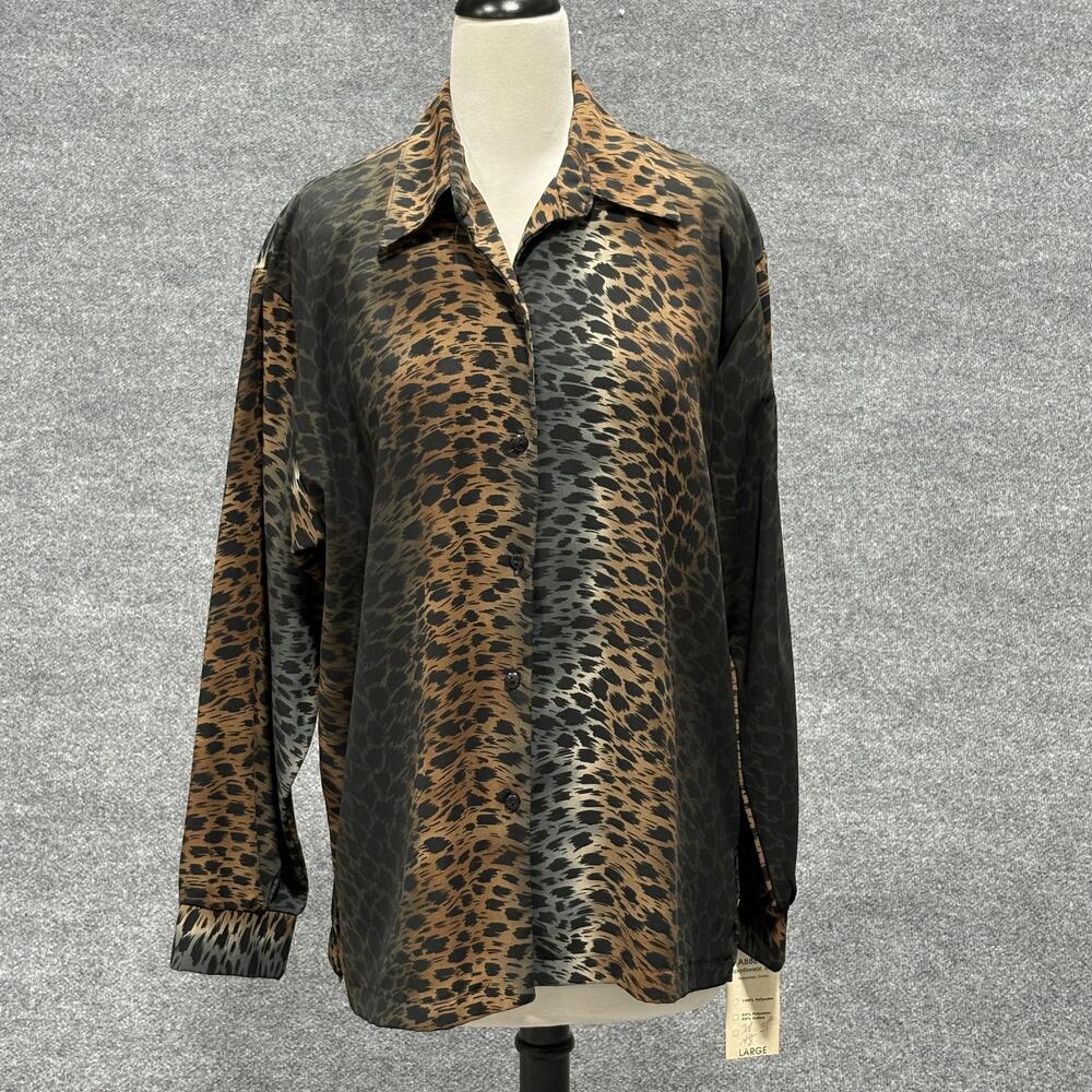 Vintage Abbey L Sportswear Shirt Womens Large Brown Leopard Animal Print USA 90s